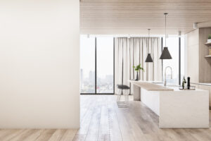 Modern wood and concrete kitchen interior with empty mock up place on wall, island, appliances and window with city view and daylight. 3D Rendering